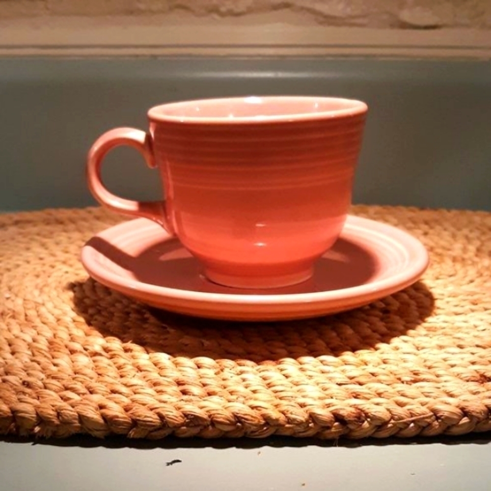 VINTAGE FIESTA PINK CUP AND SAUCER TWO EACH  DISPLAYED NEVER USED